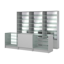 Комплект стеллажей с наклонными стеклянными полками SL-6 №12-2 и прилавков ЭК-04, Серый