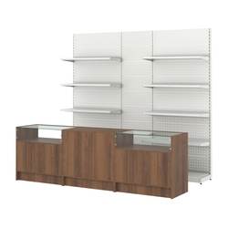 Комплект металлических стеллажей с полками и перфорацией и прилавков ЭК-2, Орех