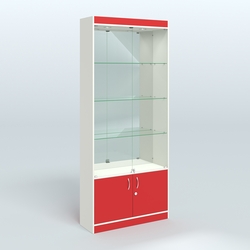 Витрина зеркальная из ДСП с дверками для аптеки №1-300-3, Белый + Красный