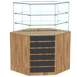 Торговый прилавок угловой со стеклянными шторками и фасадными панелями №15Э-02, Дуб Канзас коричневый + Черный