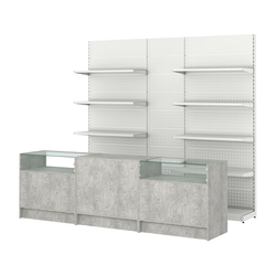 Комплект металлических стеллажей с полками и перфорацией и прилавков ЭК-2, Метрополитан Грей