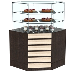 Торговый прилавок угловой со стеклянными шторками и фасадными панелями №15Э-02, Дуб Венге и Дуб Сонома