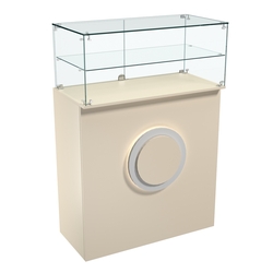 Торговый прилавок прямоугольный с декоративной накладкой и одной полкой КРУГ №2, Крем Вайс