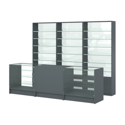 Комплект стеллажей с наклонными стеклянными полками SL-6 №12-1 и прилавков ЭК-04, Темно-Серый