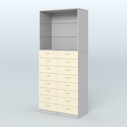 Шкаф для аптек с 16-ю ящиками и двумя стеклянными полками №7-1-С, Серый + Крем Вайс