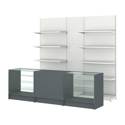 Комплект металлических стеллажей с полками и перфорацией и прилавков ЭК-4, Темно-Серый