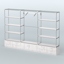 Торговая система ХРОМ без ДСП 3600 мм с тумбами Т14, Т21, полками ДСП и поручнями №5, Ясень Анкор светлый