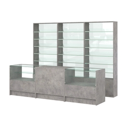 Комплект стеллажей с наклонными стеклянными полками SL-6 №12-1 и прилавков ЭК-03, Бетон Чикаго светло-серый F186 ST9