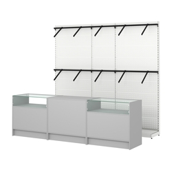 Комплект стеллажей с пристенными поручнями и прилавков ЭК-2 для торговли одеждой №5, Серый