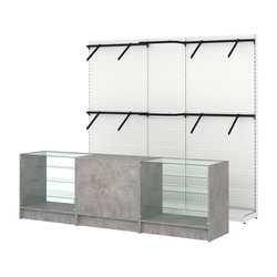 Комплект стеллажей с поручнями П-П и прилавков ЭК-4 для торговли одеждой №15, Бетон Чикаго светло-серый F186 ST9