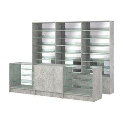 Комплект стеллажей с наклонными стеклянными полками SL-6 №12-2 и прилавков ЭК-04, Метрополитан Грей