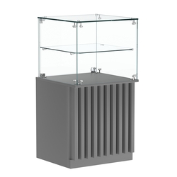 Торговый прилавок квадратный с планками и стеклянной полкой серии ВЕРТИКАЛЬ №41, Темно-Серый