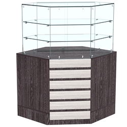 Торговый прилавок угловой со стеклянными шторками и фасадными панелями №15Э-02, Ясень Анкор темный + Ясень Анкор светлый