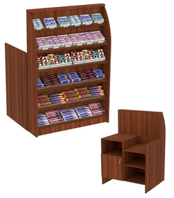 Торговый кассовый прилавок с наклонными полками под выкладку товаров импульсных покупок Импульс №2-3-900, Орех