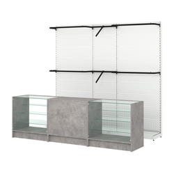 Комплект стеллажей с комбо поручнями и прилавков ЭК-4 для торговли одеждой №11, Бетон Чикаго светло-серый F186 ST9