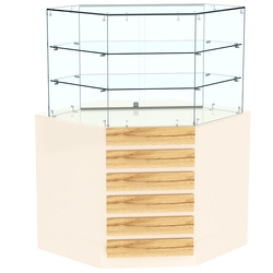 Торговый прилавок угловой со стеклянными шторками и фасадными панелями №15Э-02, Крем Вайс и Дуб Золотистый