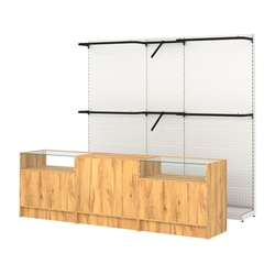 Комплект стеллажей с комбо поручнями и прилавков ЭК-2 для торговли одеждой №9, Дуб Золотистый