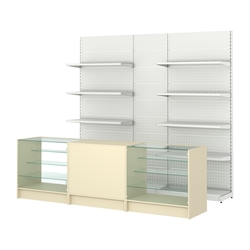 Комплект металлических стеллажей с полками и перфорацией и прилавков ЭК-4, Крем Вайс