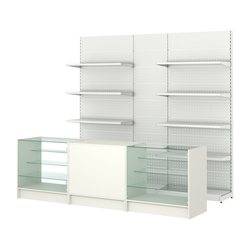 Комплект металлических стеллажей с полками и перфорацией и прилавков ЭК-4, Белый