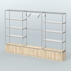 Торговая система ХРОМ без ДСП 3600 мм с тумбами Т11, Т21, зеркальными полками и поручнями №4, Дуб Сонома