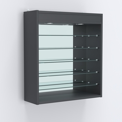 Витрина настенная №201-8Г открытая с пятью узкими полками, подсветкой и зеркалом, Антрацит