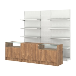 Комплект металлических стеллажей с полками и перфорацией и прилавков ЭК-2, Дуб Канзас коричневый