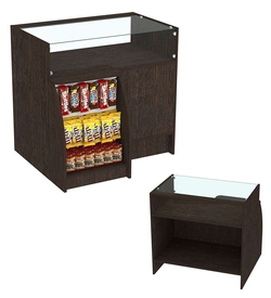 Торговый кассовый прилавок импульсных покупок с прозрачным фасадом Импульс №3-2-450, Дуб Венге