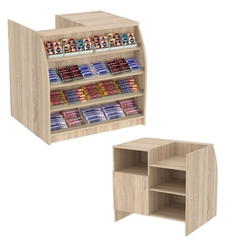 Торговый кассовый прилавок импульсных покупок с наклонными полками со стеклянными бортиками Импульс №1-3-900, Дуб сонома