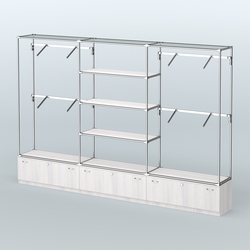 Торговая система ХРОМ без ДСП 3600 мм с тумбами Т11, полками ДСП и поручнями №3, Ясень Анкор светлый