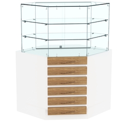 Торговый прилавок угловой со стеклянными шторками и фасадными панелями №15Э-02, Белый + Дуб Канзас коричневый