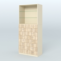 Шкаф для аптек с 16-ю ящиками и двумя стеклянными полками №7-1-С, Крем Вайс и Дуб Сонома U2236-5