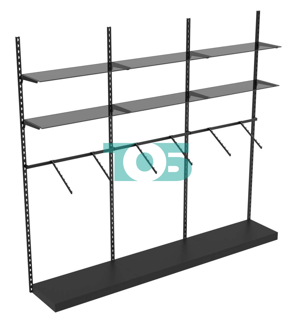 Настенная система с подиумами кронштейнами и тонир полками для одежды ЛОФТ №5 (2700мм) Черный