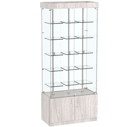 Стеклянная торговая витрина широкая с верхней подсветкой и маленькими прозрачными полками Фрактал №1-1, Ясень Анкор светлый - U31104