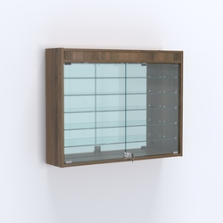 Витрина настенная №203-8А широкая с подсветкой, стеклянными полками и зеркалом, Орех