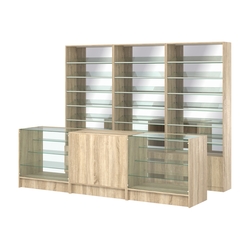 Комплект стеллажей с наклонными стеклянными полками SL-6 №12-2 и прилавков ЭК-04, Дуб сонома