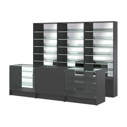 Комплект стеллажей с наклонными стеклянными полками SL-6 №12-2 и прилавков ЭК-04, Черный