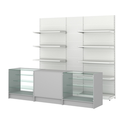 Комплект металлических стеллажей с полками и перфорацией и прилавков ЭК-4, Серый