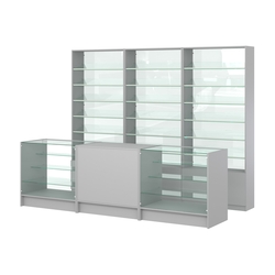 Комплект стеллажей с наклонными стеклянными полками SL-6 №12-1 и прилавков ЭК-04, Серый