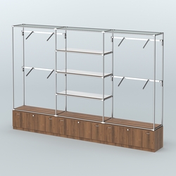 Торговая система ХРОМ без ДСП 3600 мм с тумбами Т11, зеркальными полками и поручнями №3, Орех