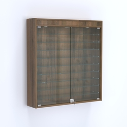 Витрина настенная №204-7А с фризом и девятью стеклянными полками, Орех