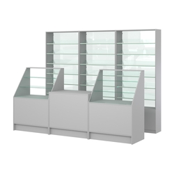 Комплект стеллажей с наклонными стеклянными полками SL-6 №12-1 и прилавков ЭК-07, Серый