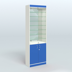 Витрина из ДСП с дверками и узкими полками для аптеки №6-300-3, Белый + Делфт голубой