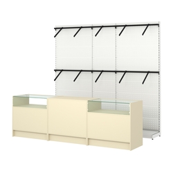 Комплект стеллажей с пристенными поручнями и прилавков ЭК-2 для торговли одеждой №5, Крем Вайс