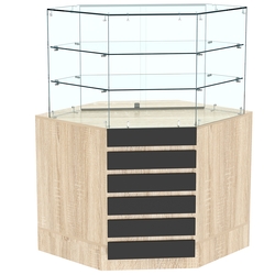 Торговый прилавок угловой со стеклянными шторками и фасадными панелями №15Э-02, Дуб Сонома + Черный