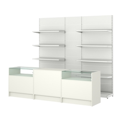 Комплект металлических стеллажей с полками и перфорацией и прилавков ЭК-2, Белый