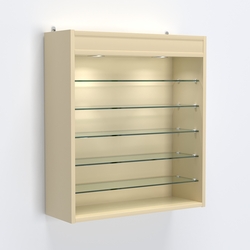 Витрина настенная №201-8Г открытая с пятью узкими полками, подсветкой и зеркалом, Крем Вайс