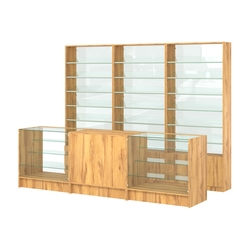 Комплект стеллажей с наклонными стеклянными полками SL-6 №12-1 и прилавков ЭК-04, Дуб Золотистый