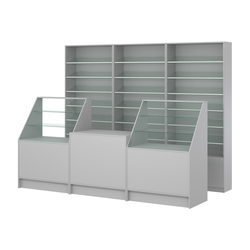 Комплект стеллажей с наклонными стеклянными полками SL-6 №12 и прилавков ЭК-07, Серый