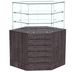 Торговый прилавок угловой со стеклянными шторками и фасадными панелями №15Э-02, Ясень Анкор темный - U31105