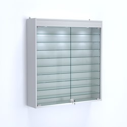 Витрина настенная №204-7А с фризом и девятью стеклянными полками, Серый